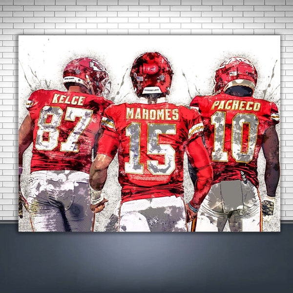 Patrick Mahomes, Travis Kelce, Isiah Pacheco Poster, Kansas City Chiefs, Gallery Canvas Wrap, Man Cave, Kids Room, Game Room