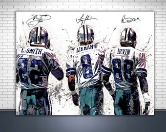 Troy Aikman, Emmitt Smith, Michael Irvin Poster, Dallas Cowboys, "The Big Three", Canvas Wrap, Kids Room, Man Cave, Game Room