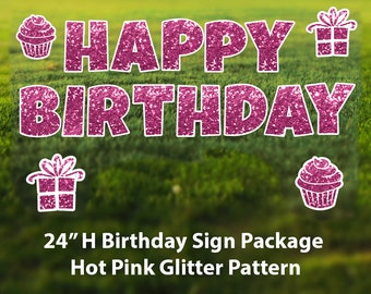 Happy Birthday Hot Pink Glitter 24 Tall Letters With 2 Cupcakes /& 2 Gift Boxes Corrugated Plastic