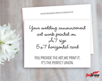 Professional color printing service for horizontal 5x7 Wedding invitations & announcements. A7 envelopes included.