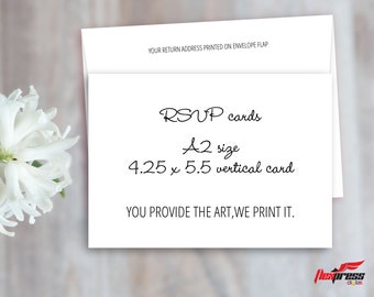 Professional color printing service for horizontal 4.25 x 5.5 wedding invitations, RSVP cards. A7 envelopes included.