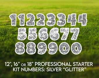 20 Pieces - 12"/16"/or 18" Professional Yard Sign Starter Kit Chunky Faux Silver "Glitter" Numbers