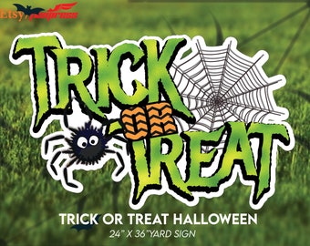 Trick or Treat Large Halloween Sign | 24 x36 Yard Signs | Spiders and Webs | Orange and Black Chevron Halloween Spooky Yard Art