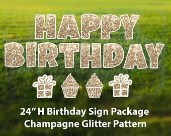 Champagne "Glitter" Happy Birthday Set: 24" Tall Letters / 2 Cupcakes / 2 Gift Boxes  - Corrugated Plastic