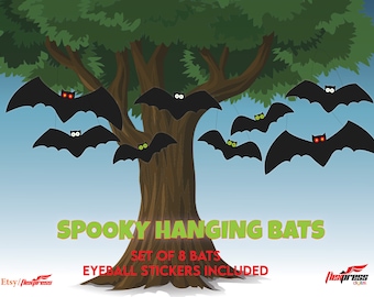BATS BATS BATS - 8 Bats in 3 sizes for Hanging Indoor or outdoor! Eyeball Stickers Included! Halloween Bats vampire Spooky