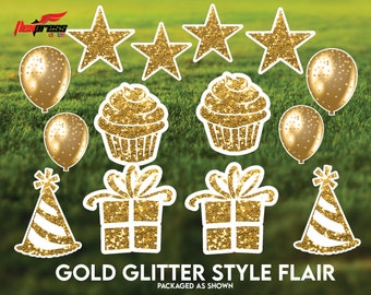 May include: Gold glitter party decorations, including stars, balloons, cupcakes, presents, and party hats. The decorations are on a green grass background. GOLD GLITTER STYLE FLAIR PACKAGED AS SHOWN