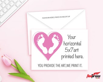 Professional color printing service for horizontal 5x7 invitations, announcements & save the date cards. Envelopes included.