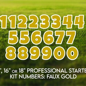 May include: Gold-colored numbers 1 through 0 with a white outline are displayed against a green background. The text at the bottom reads "12", 16" OR 18" PROFESSIONAL STARTER KIT NUMBERS: FAUX GOLD."