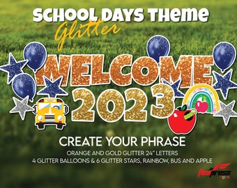 CREATE YOUR PHRASE Glitter School Yard display | Complete set with Mascot or Year Date | School Bus, Rainbow Apple for Teacher Display