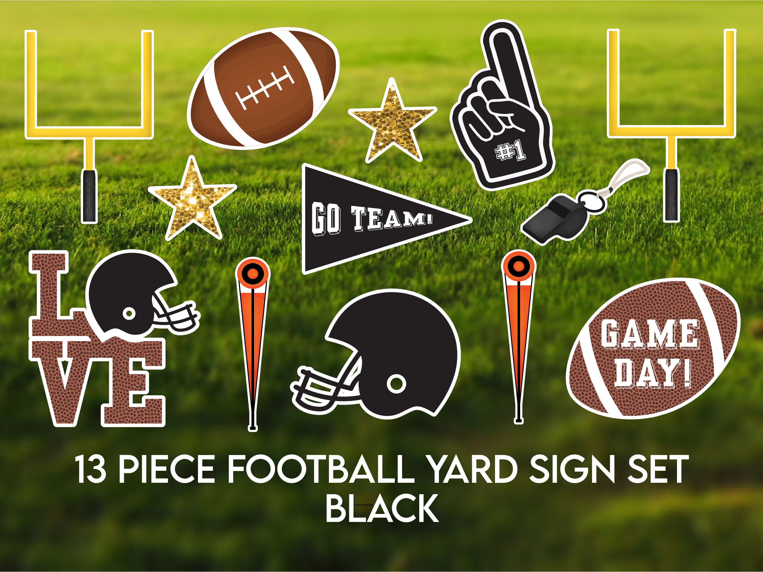 Football Yard Sign Set| 13 Piece set In Black \ Goal Post \ Referee \ football and Jersey |