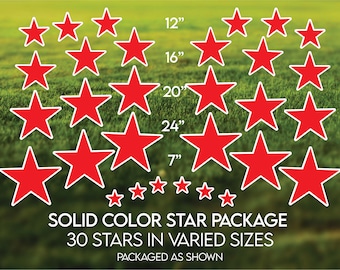 May include: A set of 30 red star stickers in various sizes, ranging from 7 inches to 24 inches. The stars are arranged in a circular pattern on a green grassy background. The text "SOLID COLOR STAR PACKAGE 30 STARS IN VARIED SIZES PACKAGED AS SHOWN" is printed below the stars.