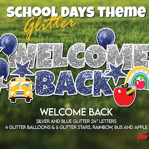 WELCOME BACK Glitter School Yard display | 24 piece Set | Back to School Bus, Rainbow Apple for Teacher Display