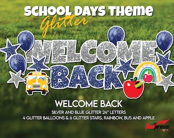 WELCOME BACK Glitter School Yard display | 24 piece Set | Back to School Bus, Rainbow Apple for Teacher Display | Glitter Style Letters