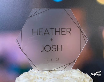 Custom Wedding Cake Topper - Hexagonal Frosted Acrylic with Modern Abstract Geometric Design