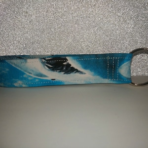 New Key Fob / Wrist Lanyard / Wristlet / Key Chain / Fabric Strap / Blue Great White Shark Jaws Badge Card