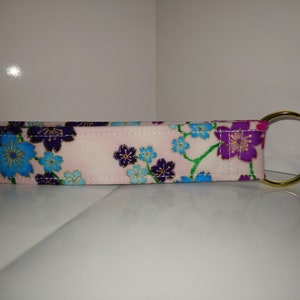 New Key Fob Wrist Lanyard Wristlet Key Chain Fabric Strap Pink Cherry Blossom with Metallic Outline Badge Card