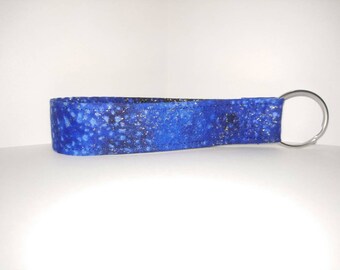 New Key Fob / Wrist Lanyard / Wristlet / Key Chain / Fabric Strap / Silver Glitter / Blue Galaxy Badge Card