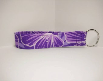 New Key Fob / Wrist Lanyard / Wristlet / Key Chain / Fabric Strap / Purple Flowers Badge Card