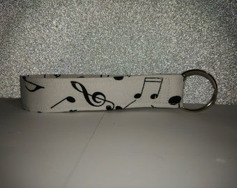 New Key Fob / Wrist Lanyard / Wristlet / Key Chain / Fabric Strap / White with Music Notes Badge Card