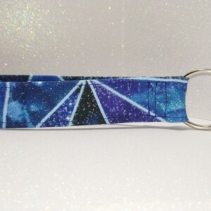 New Key Fob / Wrist Lanyard / Wristlet / Key Chain / Fabric Strap / Blue Galaxy Triangle Prism Silver Glitter Badge Card
