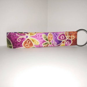 New Key Fob / Wrist Lanyard / Wristlet / Key Chain / Fabric Strap / Butterflies w Metallic Gold Outline Badge Card