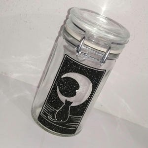 Stash Jar Lock tight Lid Smell Proof Glass Storage Container Herbs Spices Jewelry Ash Tray Moon Black Cat Black Glitter Apothecary