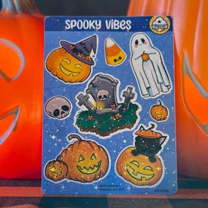 Halloween Spooky Sticker Sheet, Holographic Vinyl Stickers, Cute Kawaii Halloween Stickers, Spooky Season