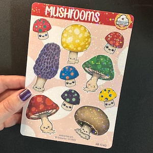 Mushroom Sticker Sheet, Holographic Vinyl Stickers, Cute Kawaii Mushroom Stickers, Mushroom Season, Cottagecore