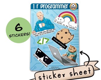 Programmer Sticker Sheet, Laminated Vinyl Stickers, Funny Coder Programming Stickers,  Cartoon Meme Stickers, Laptop Stickers
