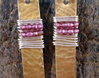 Hammered Bronze and Garnet Earrings