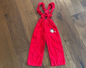 80s Girls Christmas Corduroy Ruffle Overalls Crossback Romper winter theme red corduroy 4T