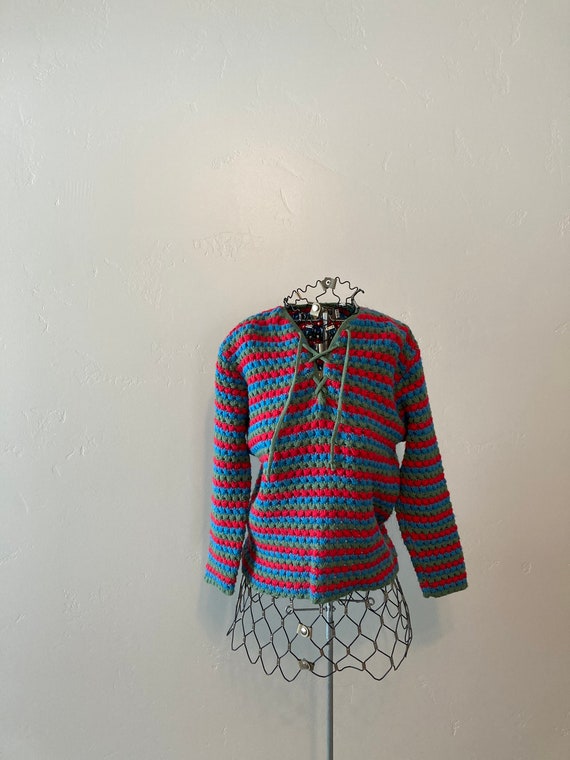 60s Rainbow Sweater lace up crochet granny sweater