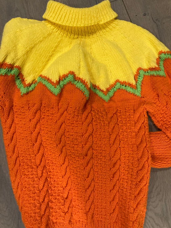 70s rainbow hand knit cable turtleneck sweater S - image 2