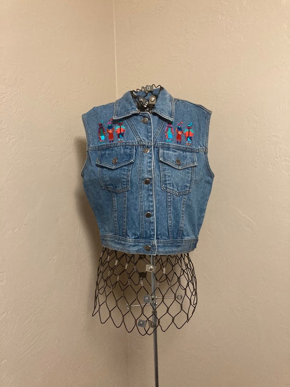 90s Denim Vest Southwest Kachina Doll Embroidered 