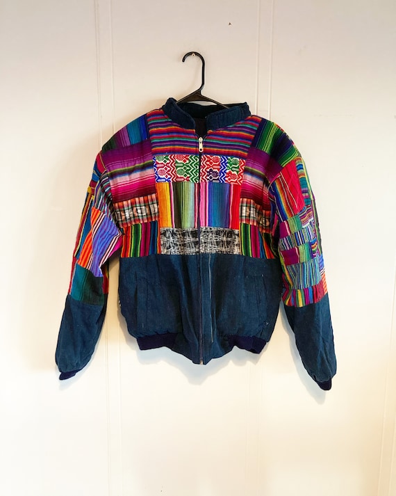 80s Woven Rainbow Ethnic Bomber Jacket M L - image 1