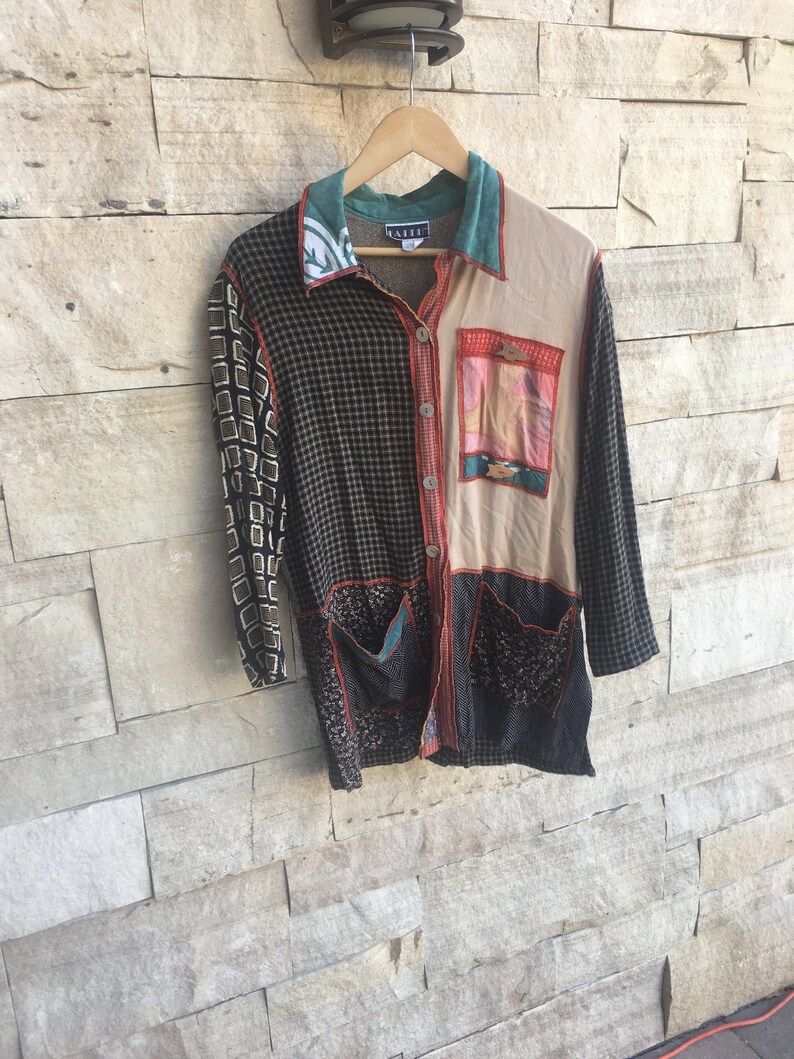 80/'s Rayon Boho Shirt Silky Fun Colorful Funky Patchwork Hobo Shirt M L