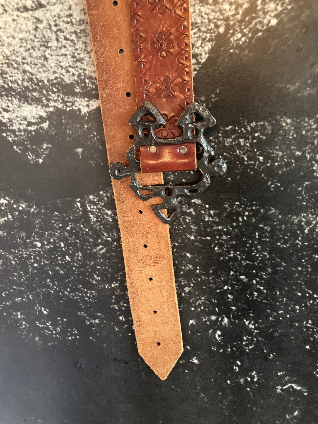 Modernist Pewter Hammered Belt Buckle With 70s Tooled Leather Etsy