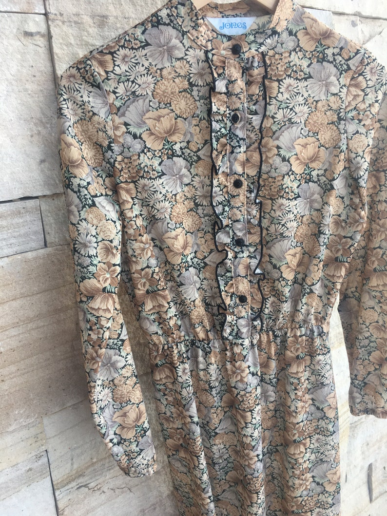 70s Floral Tuxedo Dress A Line Shirt Boho Mod Mid Century S