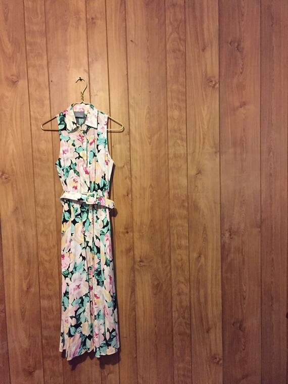 80/'s Floral Collared Tea Dress Day Dress Summer Dress Picnic Belted Floral Ditsy Button Front Down Open Boho XS S