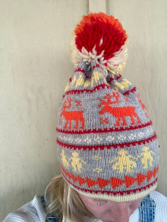 70s Wool Nordic theme beanie Pom Pom reindeer win… - image 2
