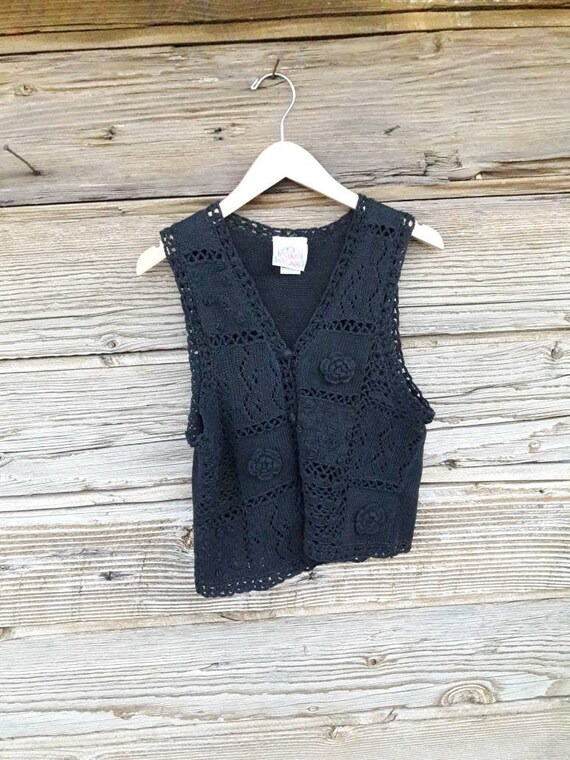 80s Black Crochet Vest Floral Rosette Patchwork G… - image 2