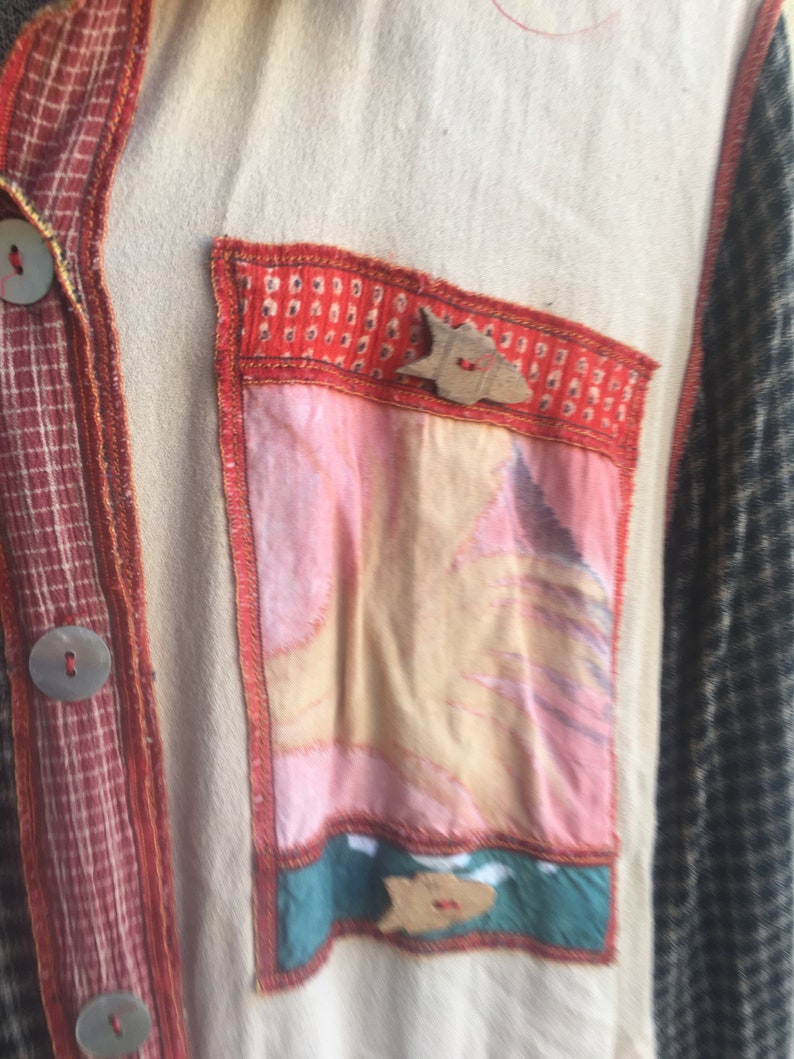 80/'s Rayon Boho Shirt Silky Fun Colorful Funky Patchwork Hobo Shirt M L