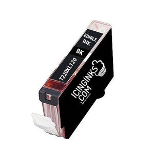 May include: Black edible ink cartridge with the text "EDIBLE INK BK T220XL120" and the logo for Icinginks.com. The cartridge has a white plastic nozzle and a clear top, designed for use in food decorating.