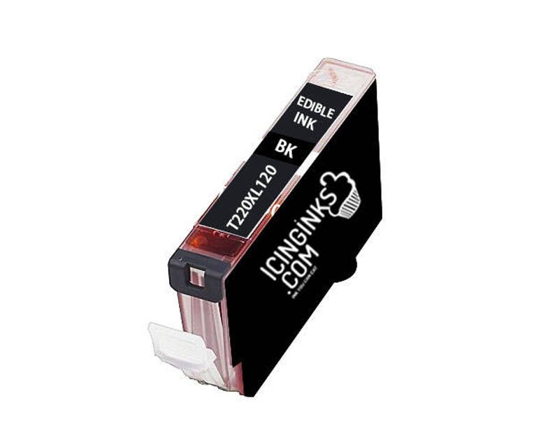 May include: Black edible ink cartridge with the text "EDIBLE INK BK T220XL120" and the logo for Icinginks.com. The cartridge has a white plastic nozzle and a clear top, designed for use in food decorating.