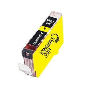 May include: A yellow edible ink cartridge with the text "EDIBLE INK" and "Y" printed on it. The cartridge also has the text "T220XL420" and the logo for "ICINGINKS.COM". The cartridge is designed for use in food decoration.