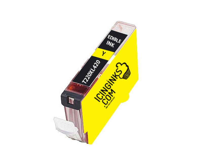 May include: A yellow edible ink cartridge with the text "EDIBLE INK" and "Y" printed on it. The cartridge also has the text "T220XL420" and the logo for "ICINGINKS.COM". The cartridge is designed for use in food decoration.
