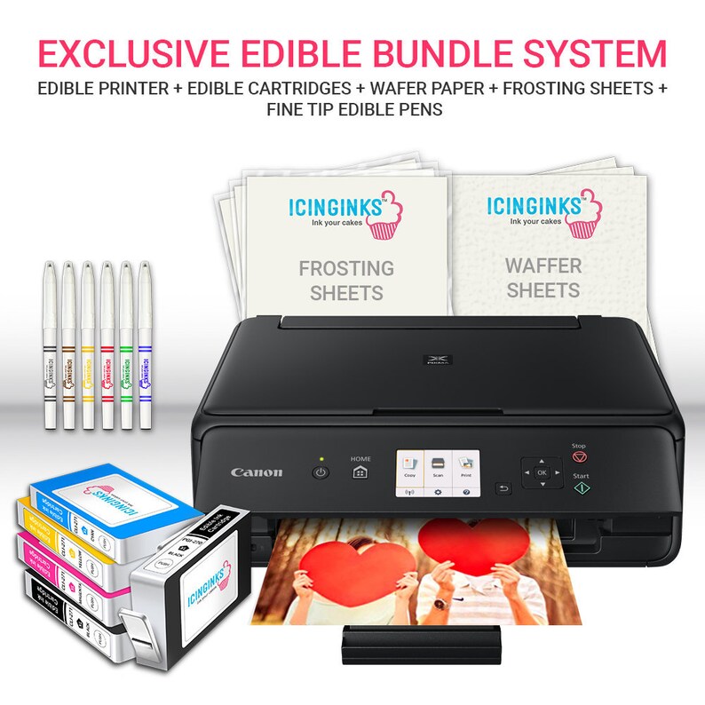 Icinginks Edible Printer Artwork Bundle - Features Canon Edible Printer, Wafer Paper, Frosting Sheets,Conventional Edible Markers,Edible Cartridges image about Printable Edible Paper named Icinginks Edible Printer Artwork Offer - Involves Canon Edible Printer, Wafer Paper, Frosting Sheets,Conventional Edible Markers,Edible Cartridges