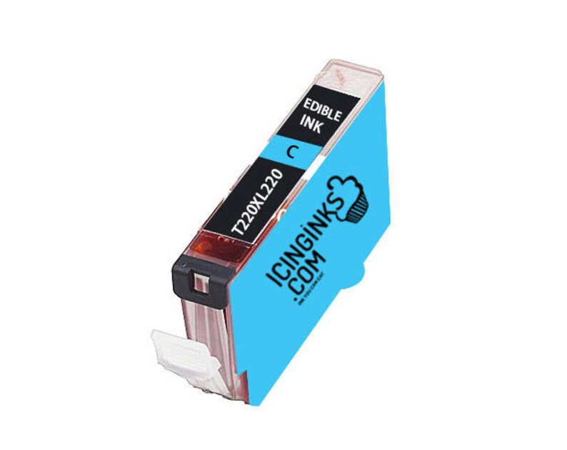 May include: A cyan-colored edible ink cartridge with the text "EDIBLE INK" and "T220XL220" printed on it. The cartridge also features the logo and website address "ICINGINKS.COM".