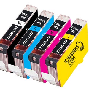 May include: Four edible ink cartridges in black, cyan, magenta, and yellow. Each cartridge has a black label with white text indicating the color and model number. The yellow cartridge has the website icinginks.com.