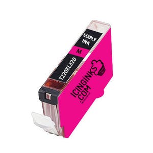 May include: A magenta-colored edible ink cartridge with the text "EDIBLE INK" and "M" printed on a black label. The cartridge also features the text "T220XL320" and the logo for "Icinginks.com". The cartridge has a white plastic component.